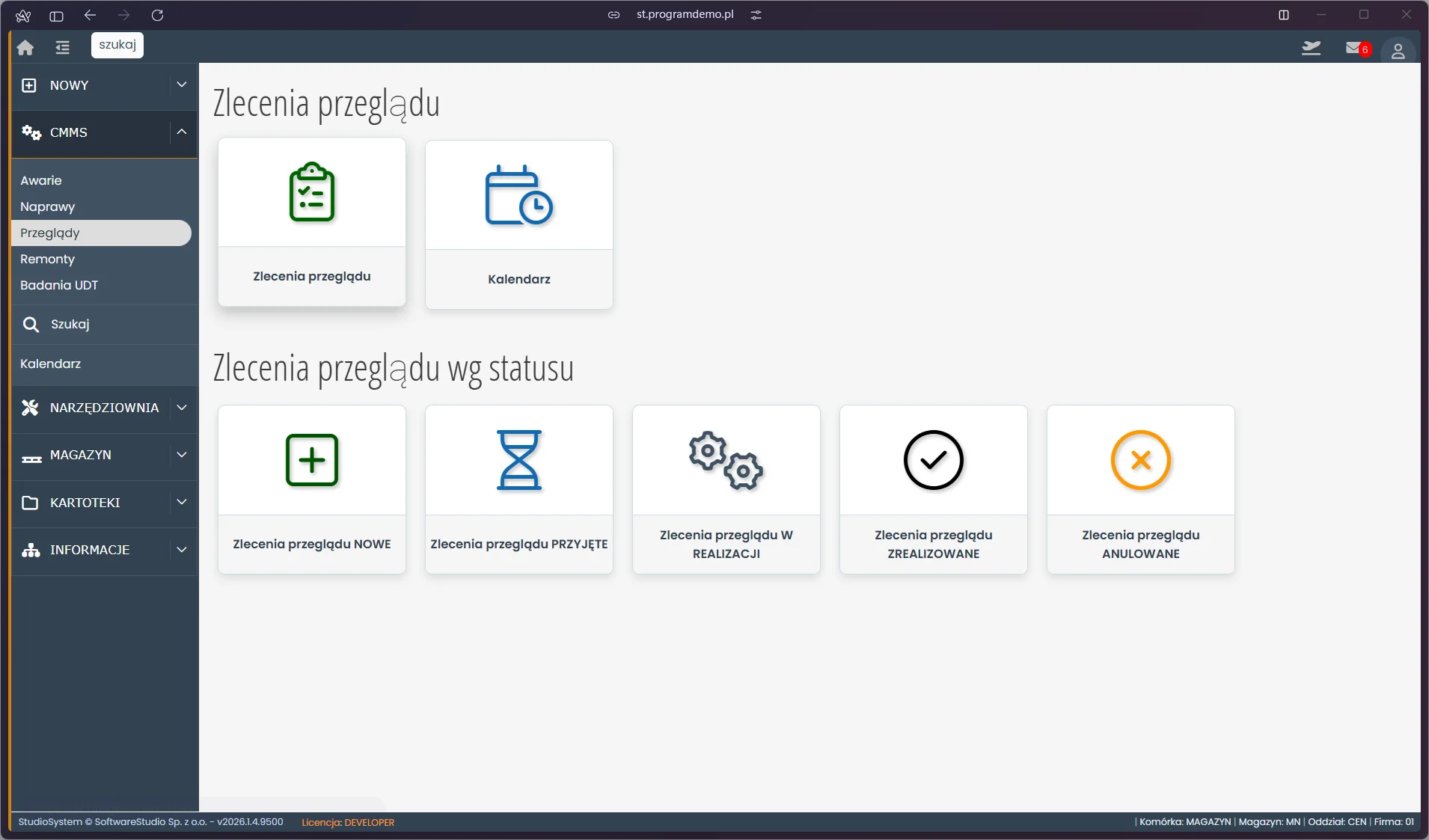 Widok startowy modułu przeglądów CMMS w systemie TCS.net z konfiguracją alertów