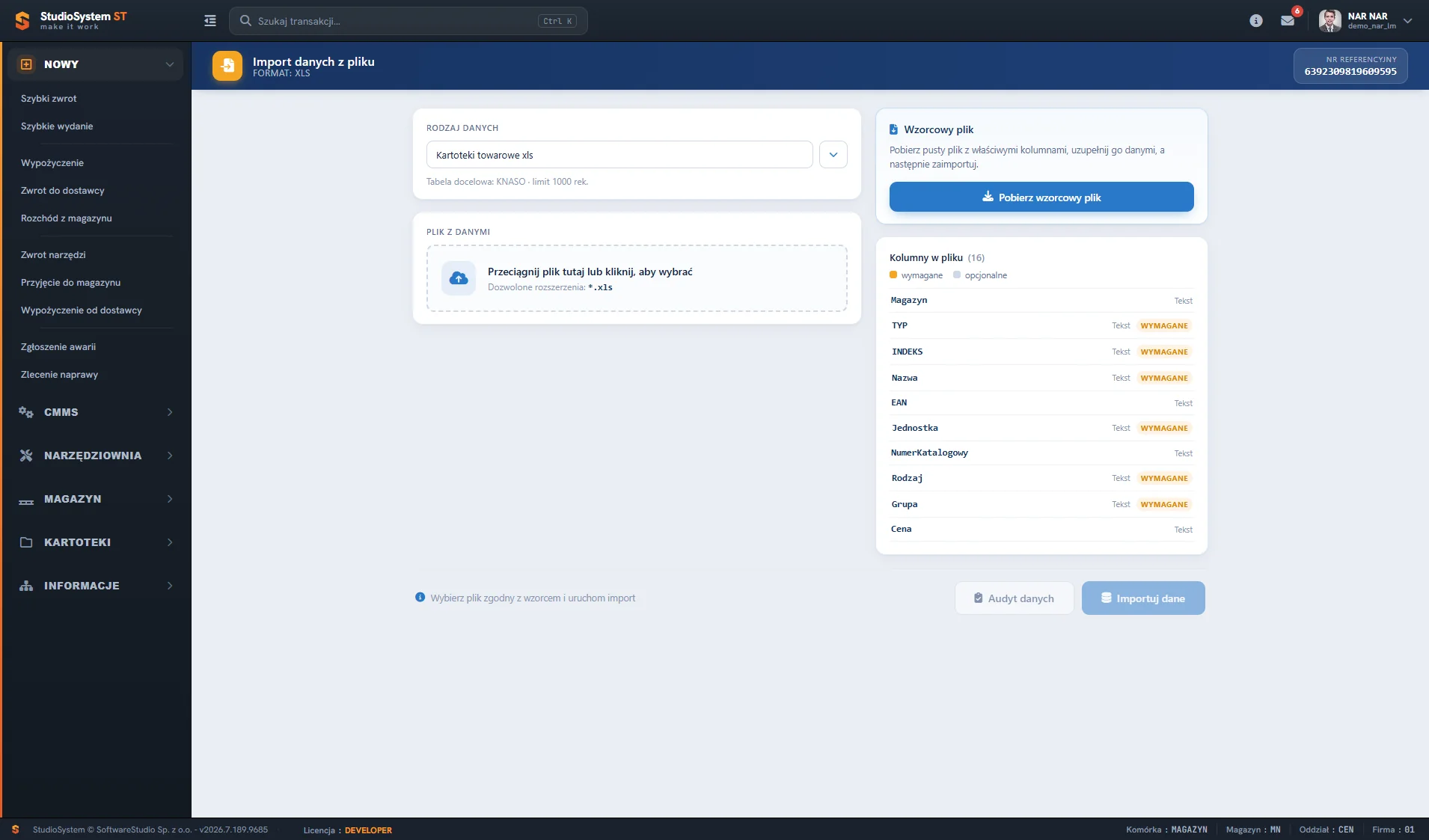 Kreator importu kartotek magazynowych z pliku XLS w Studio TCS.net