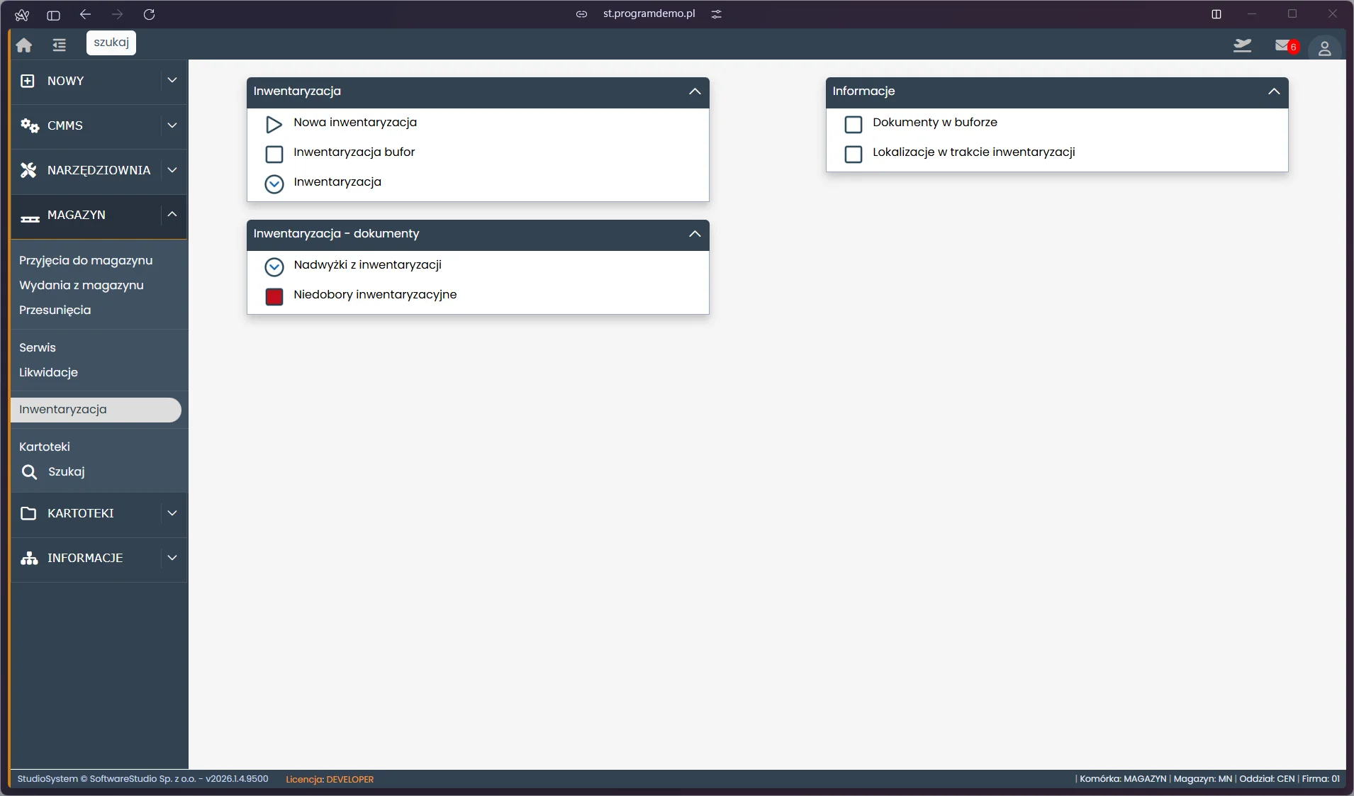 Menu modułu inwentaryzacji w systemie TCS.net - spis z natury
