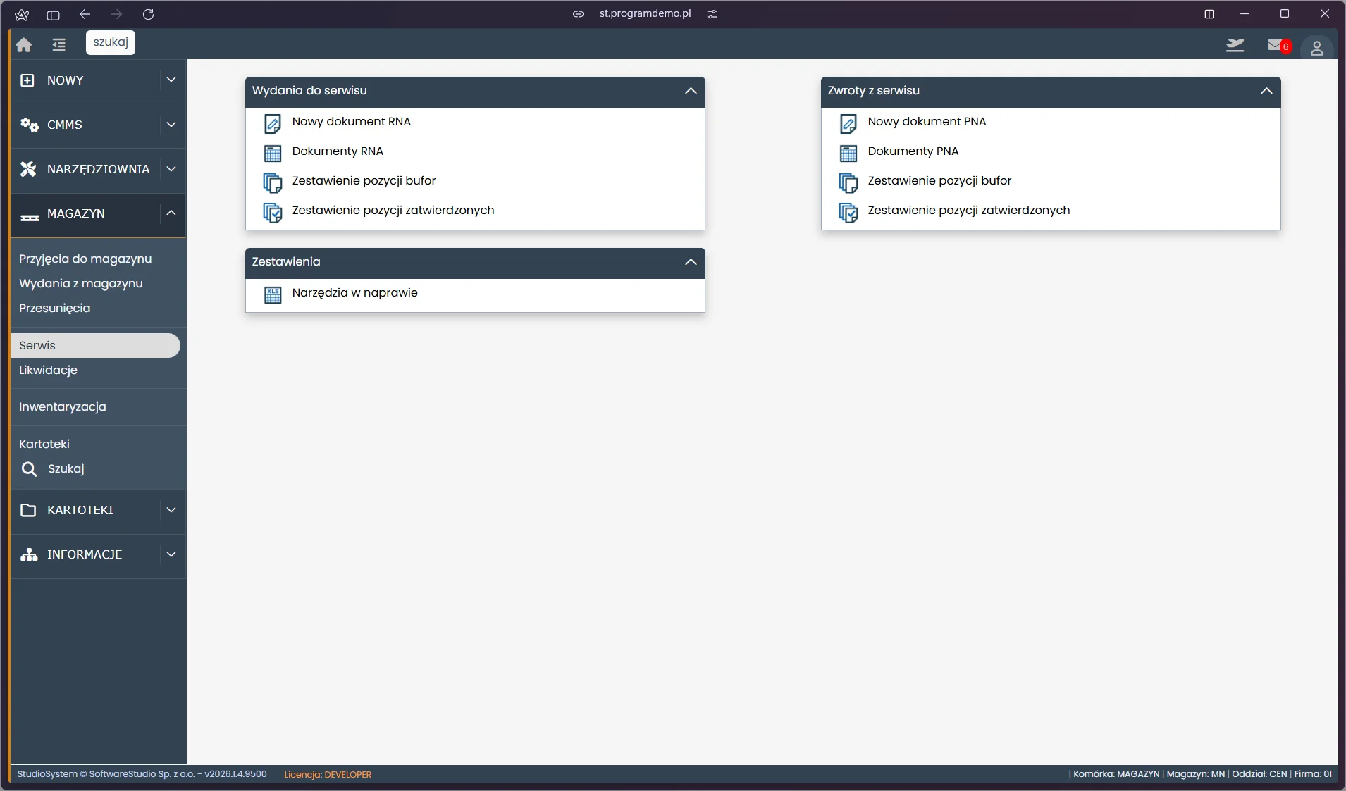 Menu dokumentów serwisowych w module Magazyn systemu TCS.net