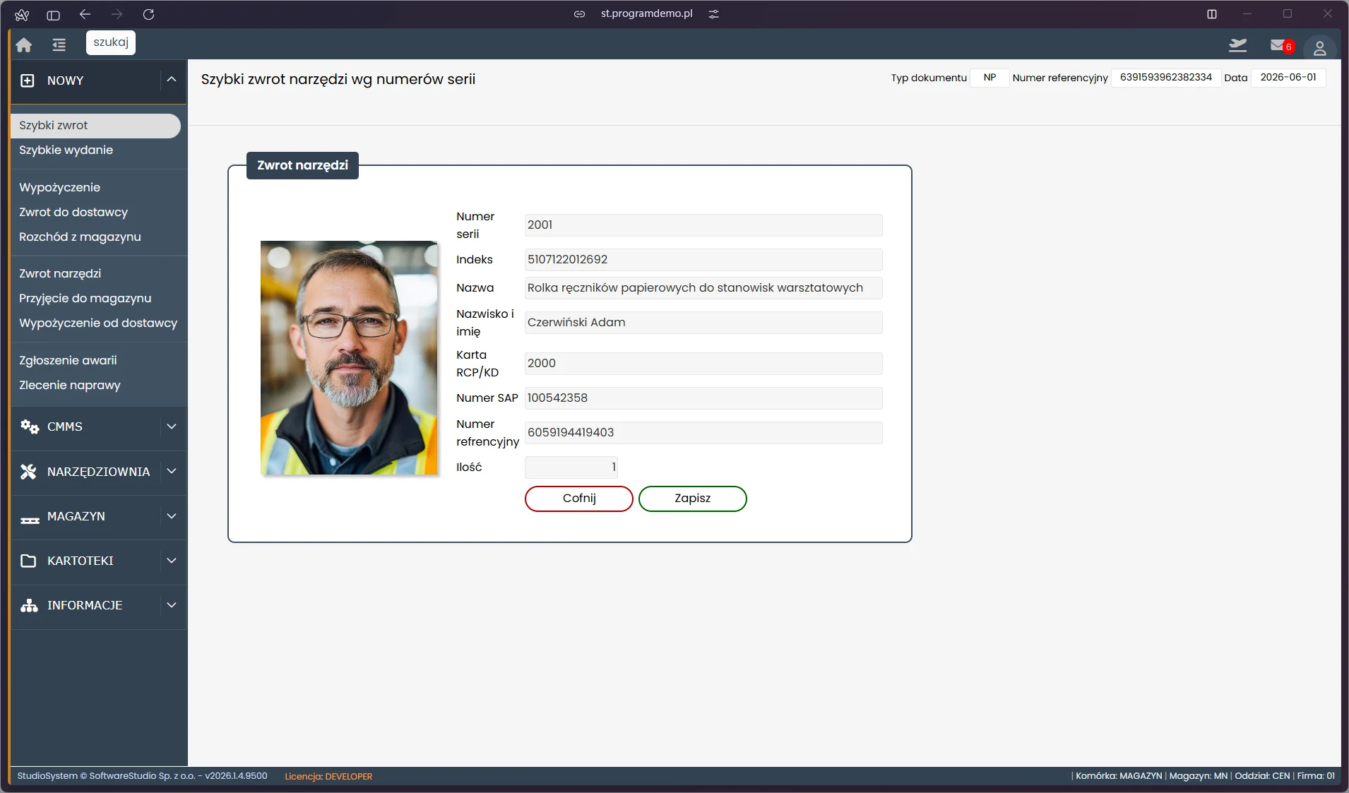 Karta pracownika w module szybkiego zwrotu narzędzi w systemie TCS.net