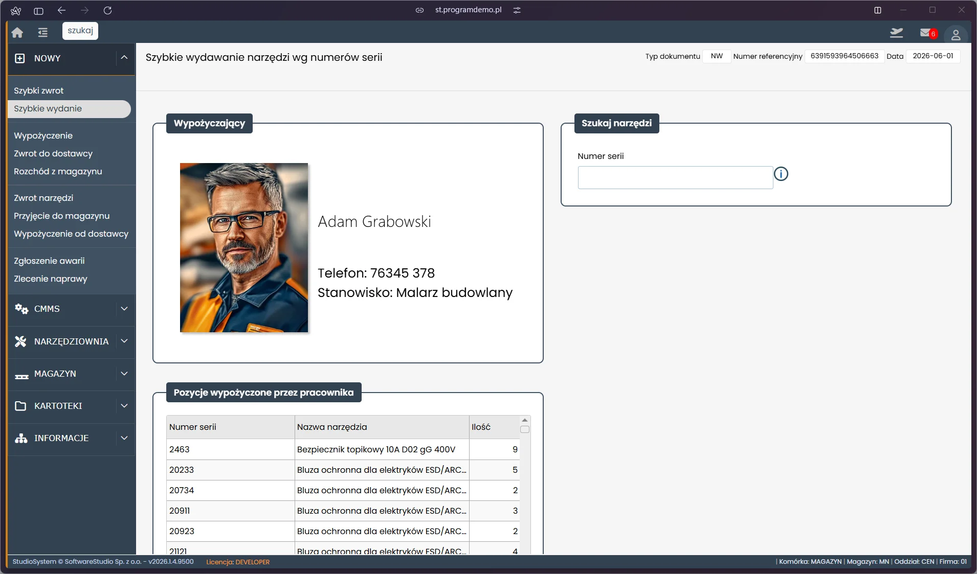 Karta pracownika w module szybkiego wydania narzędzi w systemie TCS.net