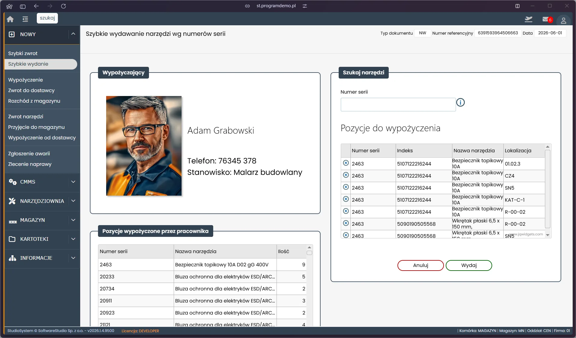 Okno wyboru pozycji do wypożyczenia w module szybkiego wydania narzędzi TCS.net