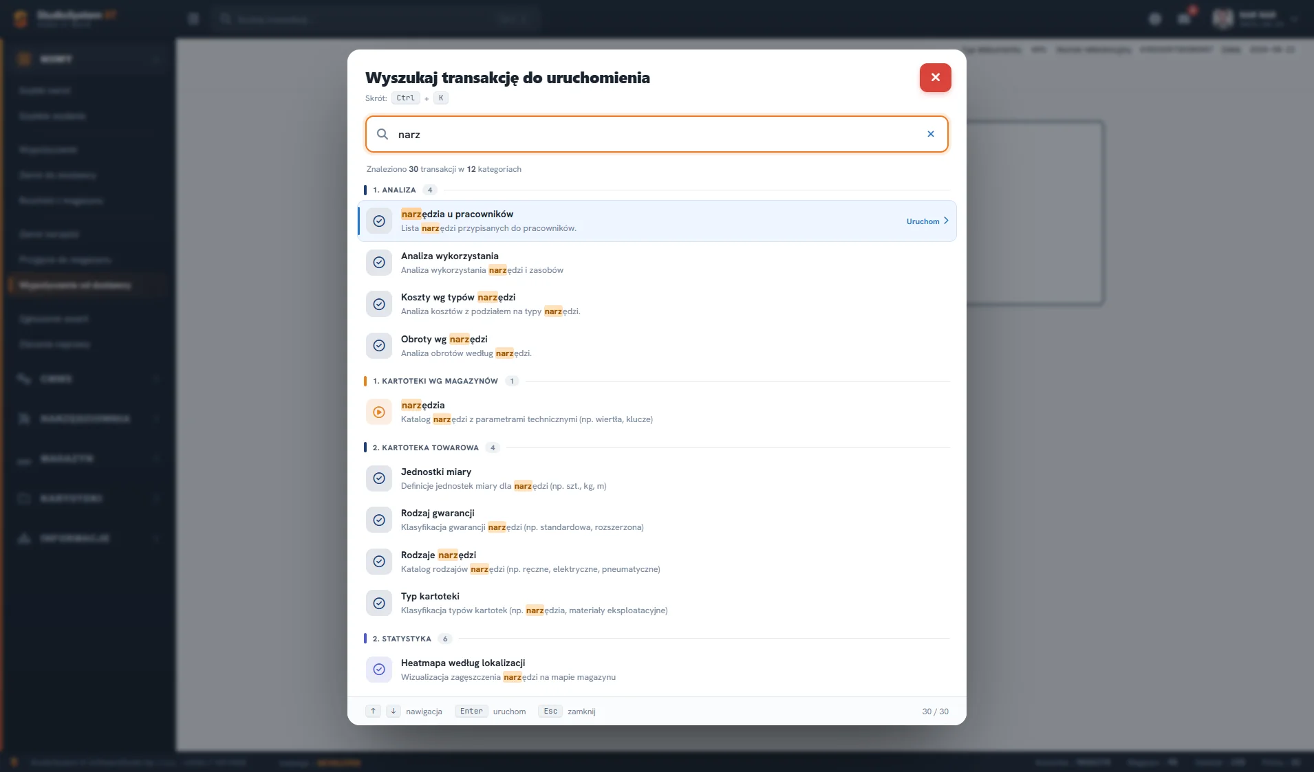 Wyszukiwarka transakcji Ctrl+K w Studio TCS.net z podpowiedziami pogrupowanymi w kategorie
