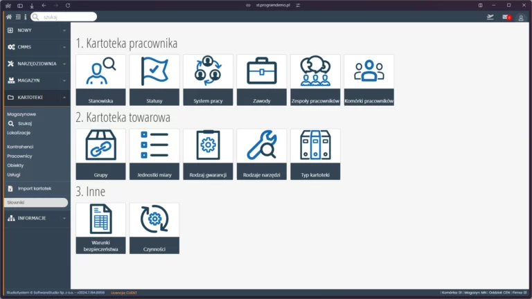 Czytelna hierarchia wizualna oraz intuicyjne ikony ułatwiają zrozumienie zakresu i funkcjonalności aplikacji dla narzędziowni