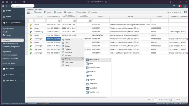 Interfejs przedstawia moduł "Przeglądy i kalibracje" w systemie zarządzania narzędziownią.