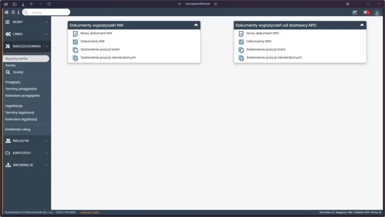 Interfejs przedstawia panel główny systemu zarządzania narzędziownią, skupiający się na dokumentach wypożyczeń.