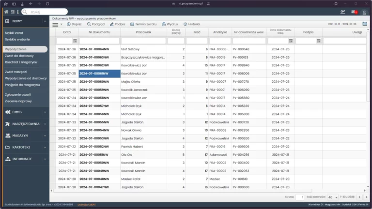 Interfejs przedstawia listę dokumentów wypożyczeń narzędzi pracownikom w systemie zarządzania magazynem.