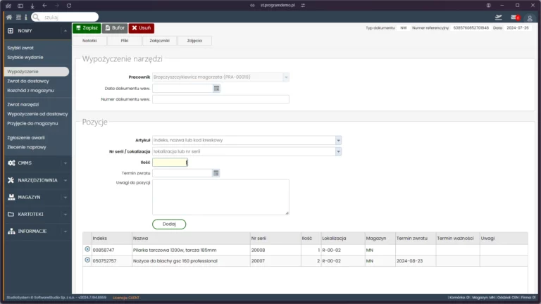 Interfejs prezentuje moduł "Wypożyczenie narzędzi" w systemie zarządzania magazynem i narzędziami.