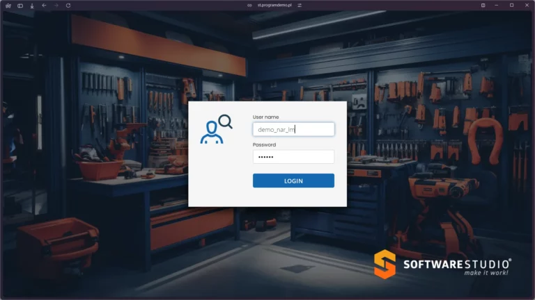 interfejs logowania do systemu zarządzania narzędziami lub magazynem w środowisku przemysłowym.