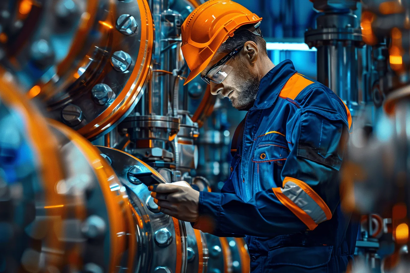 Technik w pomarańczowym kasku i okularach ochronnych sprawdza parametry urządzeń przemysłowych za pomocą urządzenia mobilnego w zakładzie produkcyjnym.