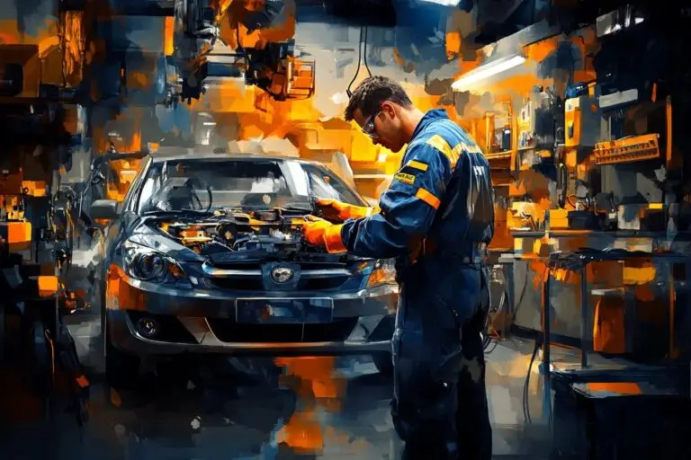 Pracownik w niebieskim kombinezonie roboczym serwisujący samochód w nowoczesnym warsztacie, ilustrujący system do ewidencji odzieży i BHP.