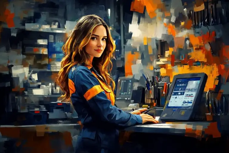 Kobieta w stroju roboczym obsługująca nowoczesny terminal z oprogramowaniem magazynowym w technice cyfrowego malarstwa.