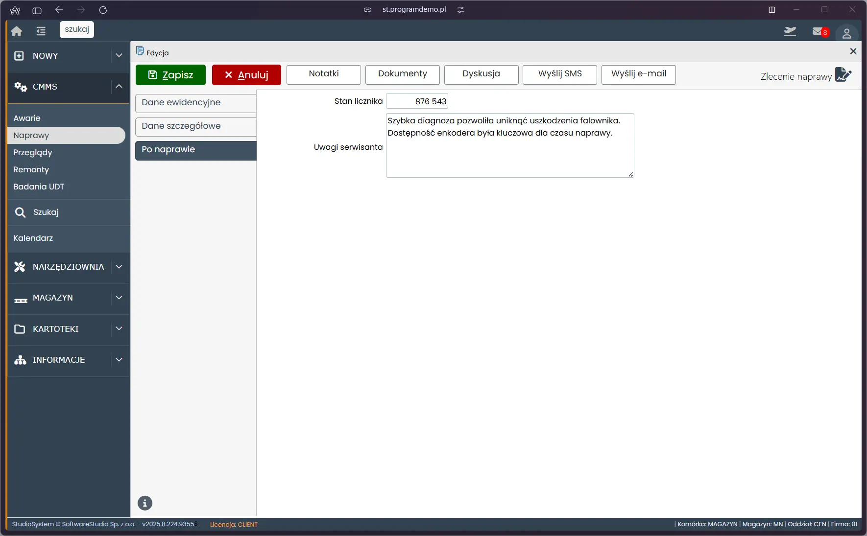 Formularz edycji zgłoszenia naprawy w systemie Studio TCS.net
