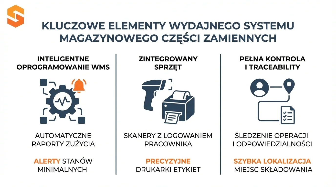 Elementy systemu magazynowego części zamiennych: oprogramowanie WMS, sprzęt, kontrola i traceability od SoftwareStudio.