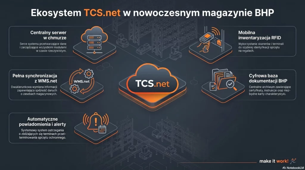 Infografika systemu Studio TCS.net przedstawiająca ekosystem zarządzania nowoczesnym magazynem BHP w chmurze.